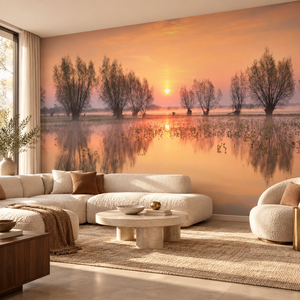 Golden Stillness, wallpaper mural styled on a feature wall