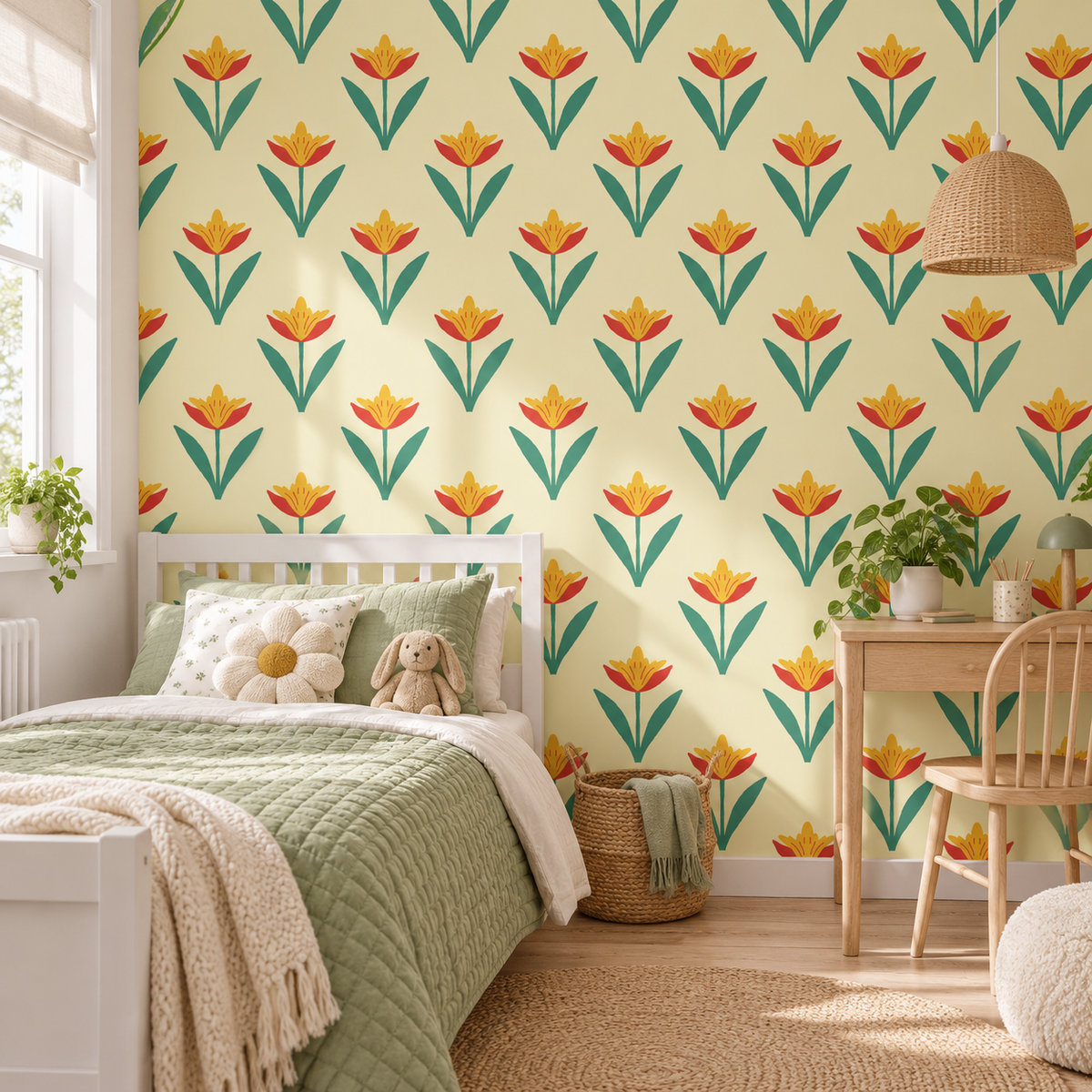 Golden Tulips peel and stick wallpaper styled on a feature wall