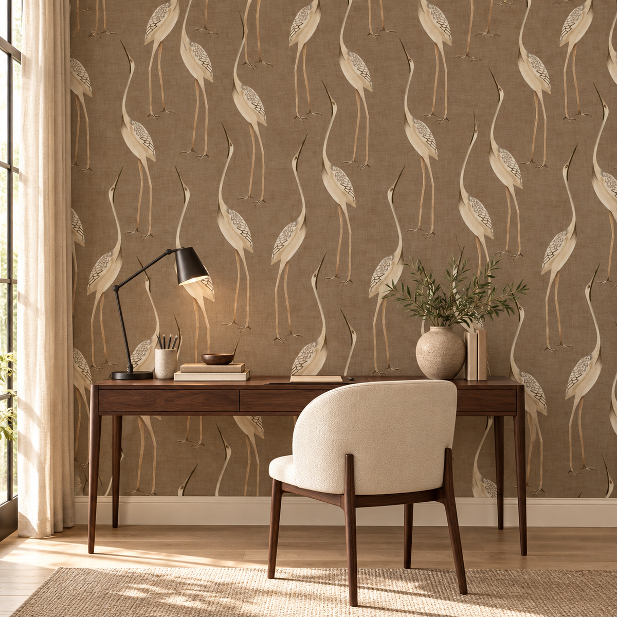 Graceful Heron in Hazelnut Brown by Sarah Thorpe, peel and stick wallpaper styled on a feature wall