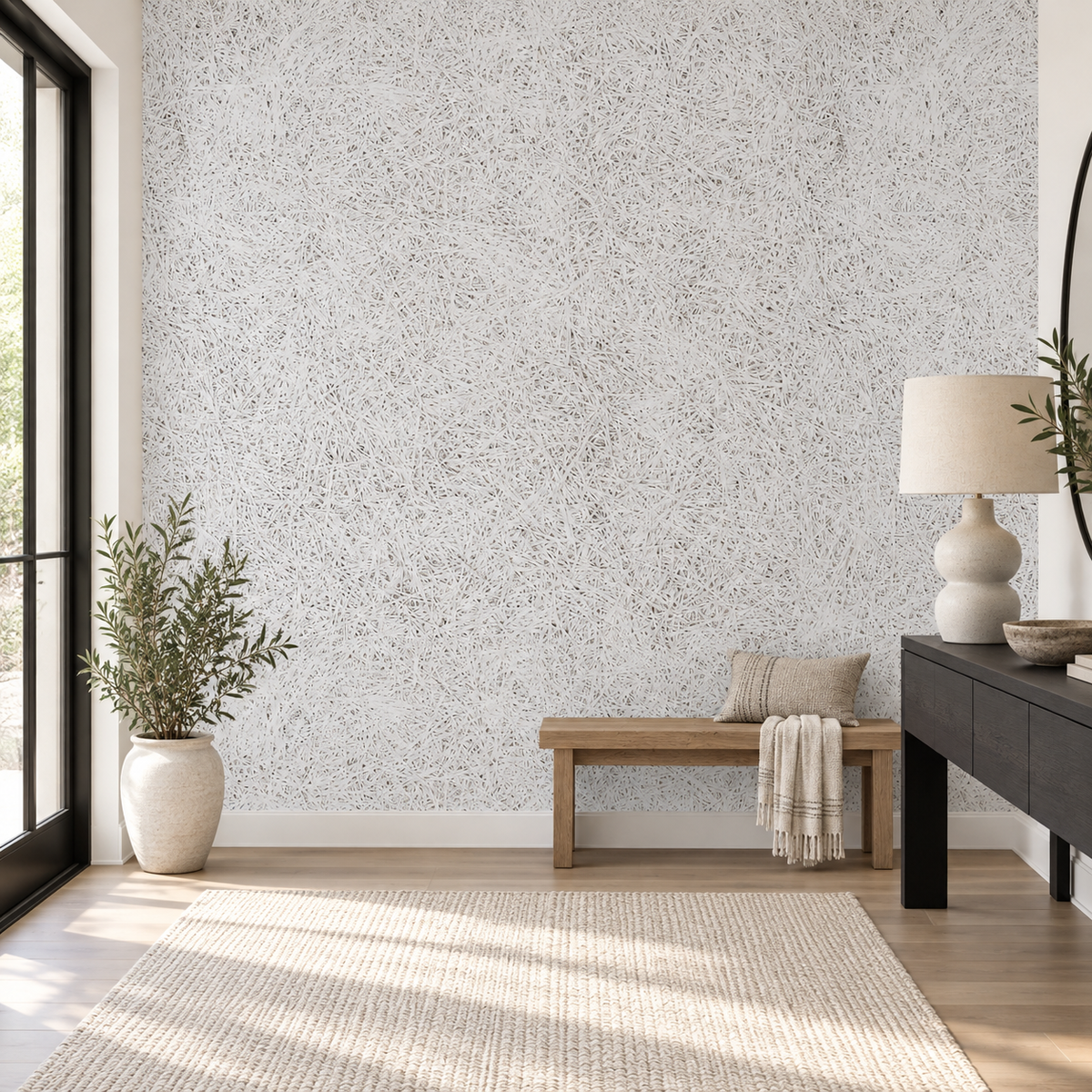 Granite Speckle, peel and stick wallpaper styled on a feature wall