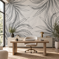 Graphite Leaves, peel and stick wallpaper styled on a feature wall
