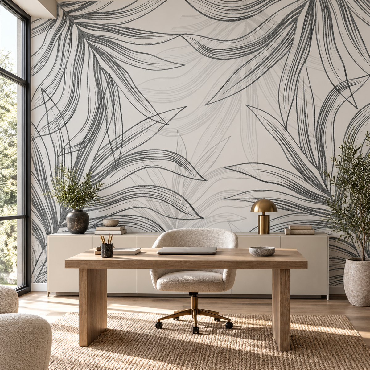Graphite Leaves, peel and stick wallpaper styled on a feature wall