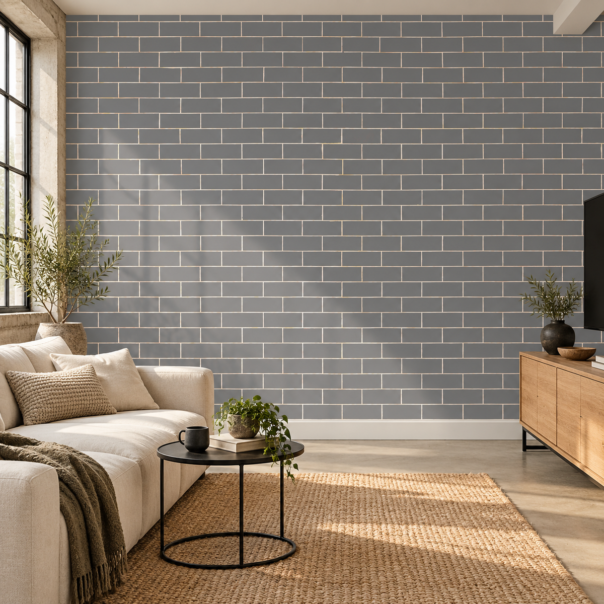 Grey Brick, peel and stick wallpaper styled on a feature wall