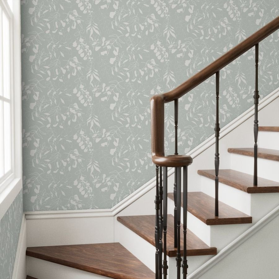 Gum Leaves in Mint by De-Anne Strange, peel and stick wallpaper styled in a room