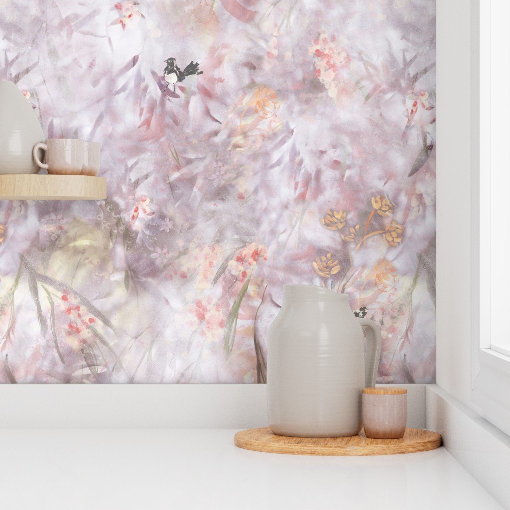 Gumtrees & Wagtails in Blush by De-Anne Strange, peel and stick wallpaper styled on a feature wall
