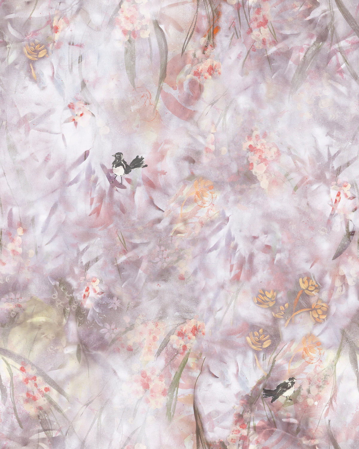 Gumtrees & Wagtails in Blush by De-Anne Strange, peel and stick wallpaper