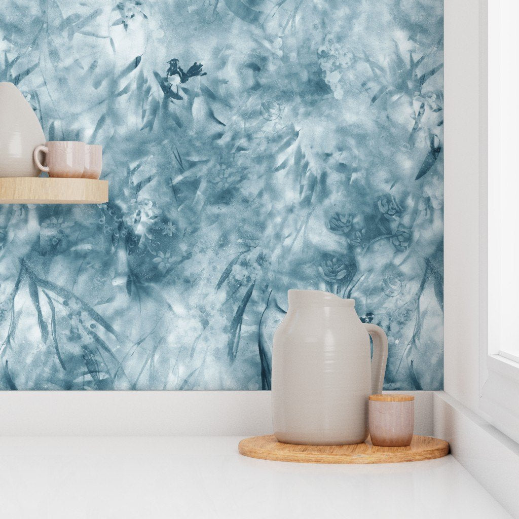 Gumtrees & Wagtails in Dusty Blue by De-Anne Strange, peel and stick wallpaper styled on a feature wall