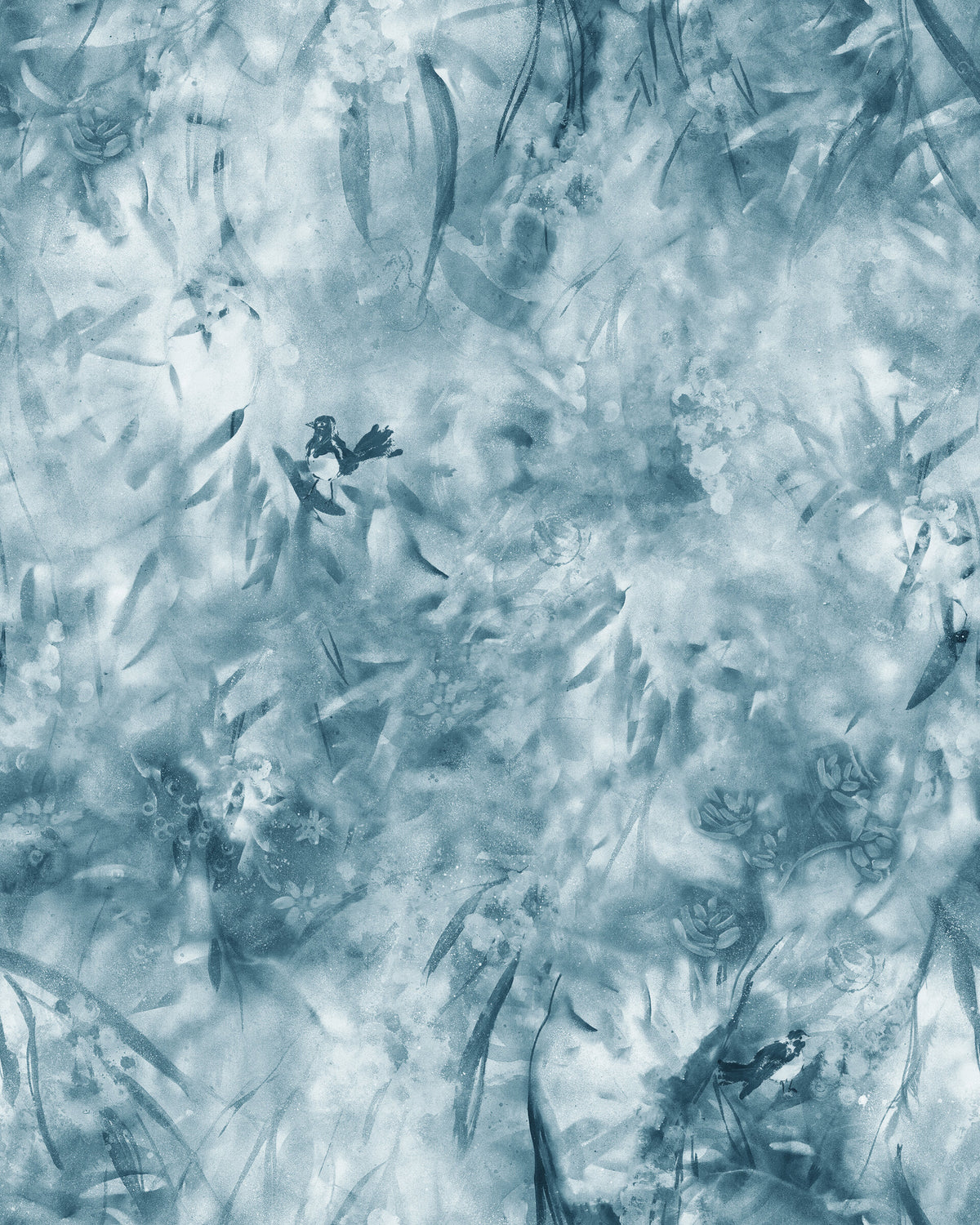 Gumtrees & Wagtails in Dusty Blue by De-Anne Strange, peel and stick wallpaper