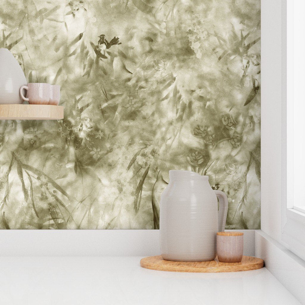 Gumtrees & Wagtails in Green by De-Anne Strange, peel and stick wallpaper styled on a feature wall