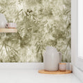 Gumtrees & Wagtails in Green by De-Anne Strange, peel and stick wallpaper styled on a feature wall