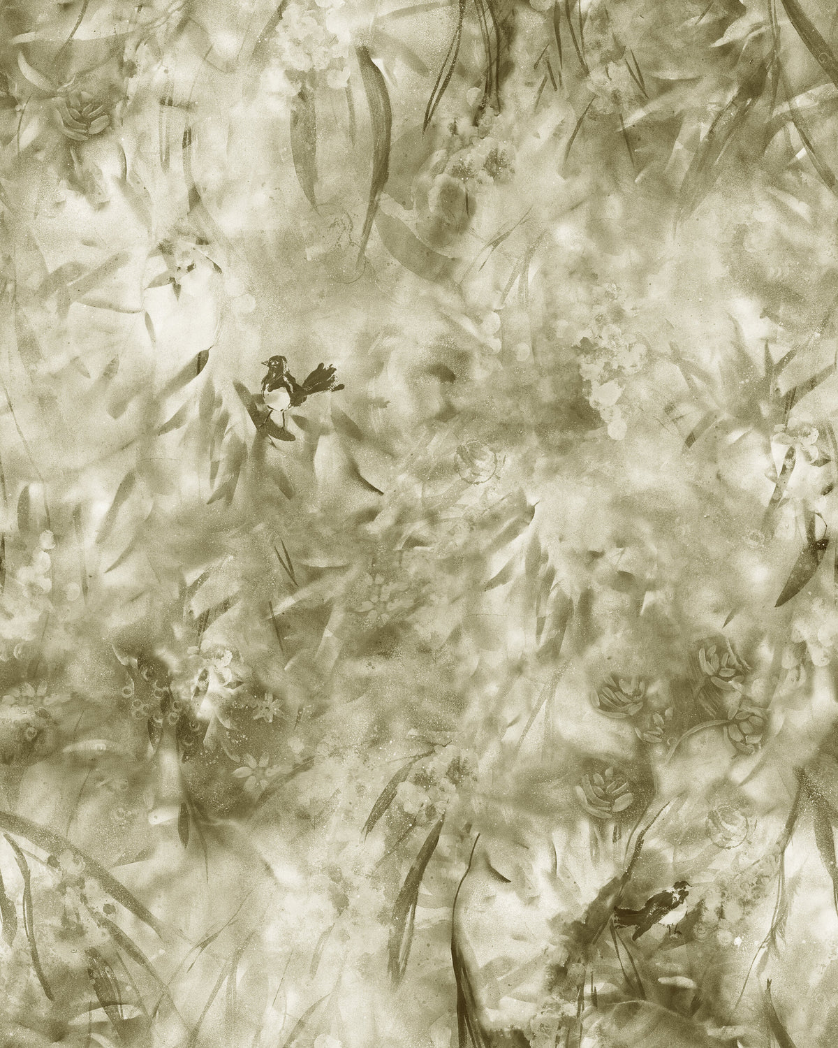 Gumtrees & Wagtails in Green by De-Anne Strange, peel and stick wallpaper