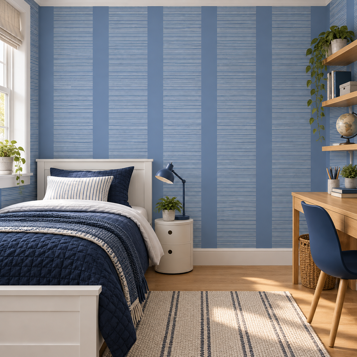 Harbor Lines peel and stick wallpaper styled on a feature wall