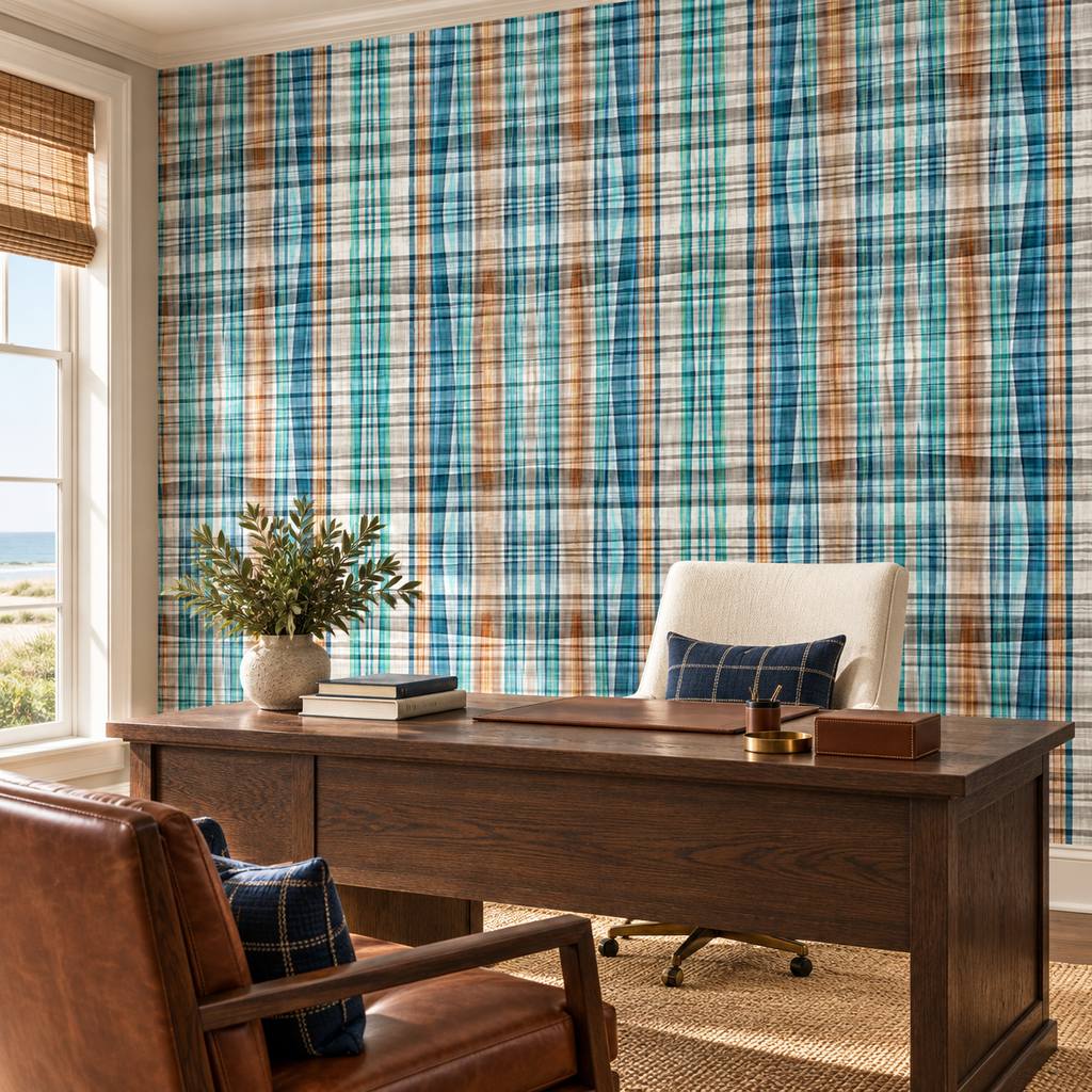Harbor Plaid, peel and stick wallpaper styled on a feature wall