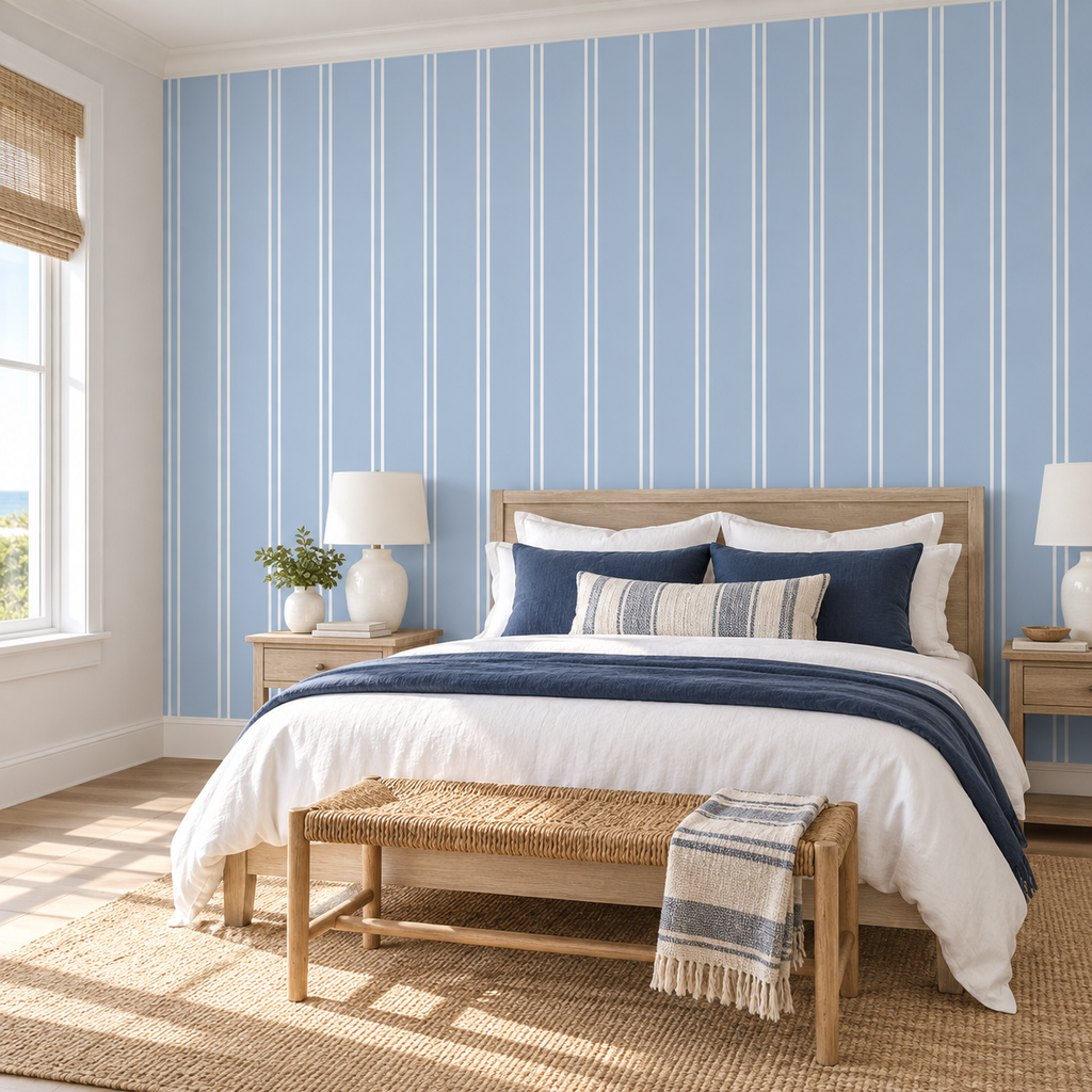 Tailored Stripe, peel and stick wallpaper styled on a feature wall