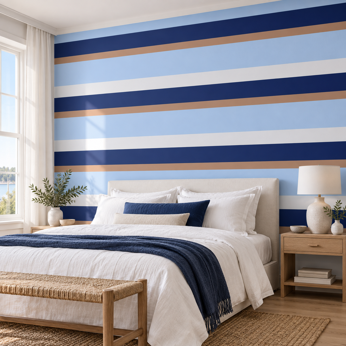 Harbor Stripes, peel and stick wallpaper styled on a feature wall