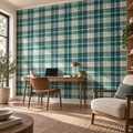 Harbor Tartan, peel and stick wallpaper styled on a feature wall