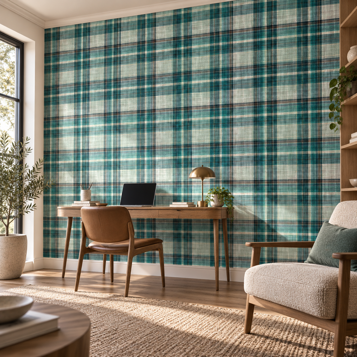 Harbor Tartan, peel and stick wallpaper styled on a feature wall