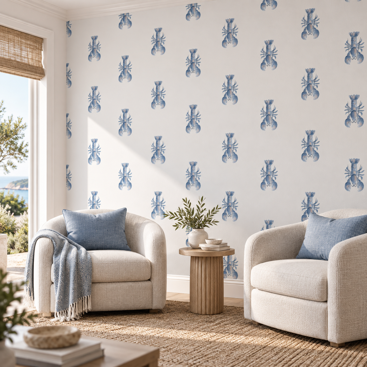 Harbour Lobster, peel and stick wallpaper styled on a feature wall