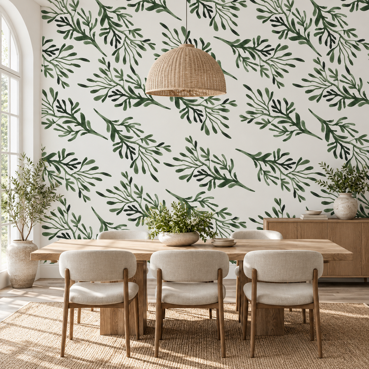 Herbal Sprigs, peel and stick wallpaper styled on a feature wall