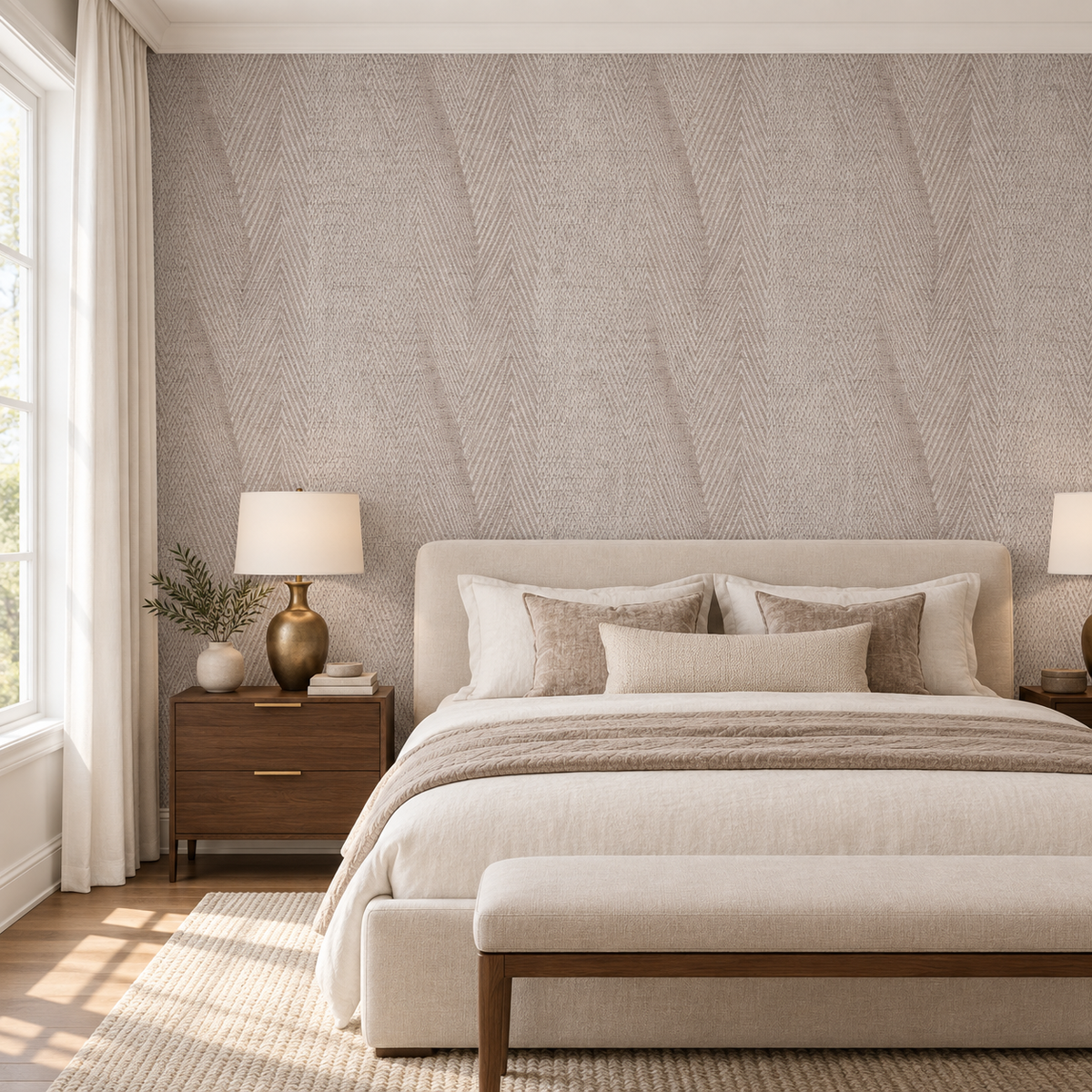 Herringbone Weave, peel and stick wallpaper styled on a feature wall