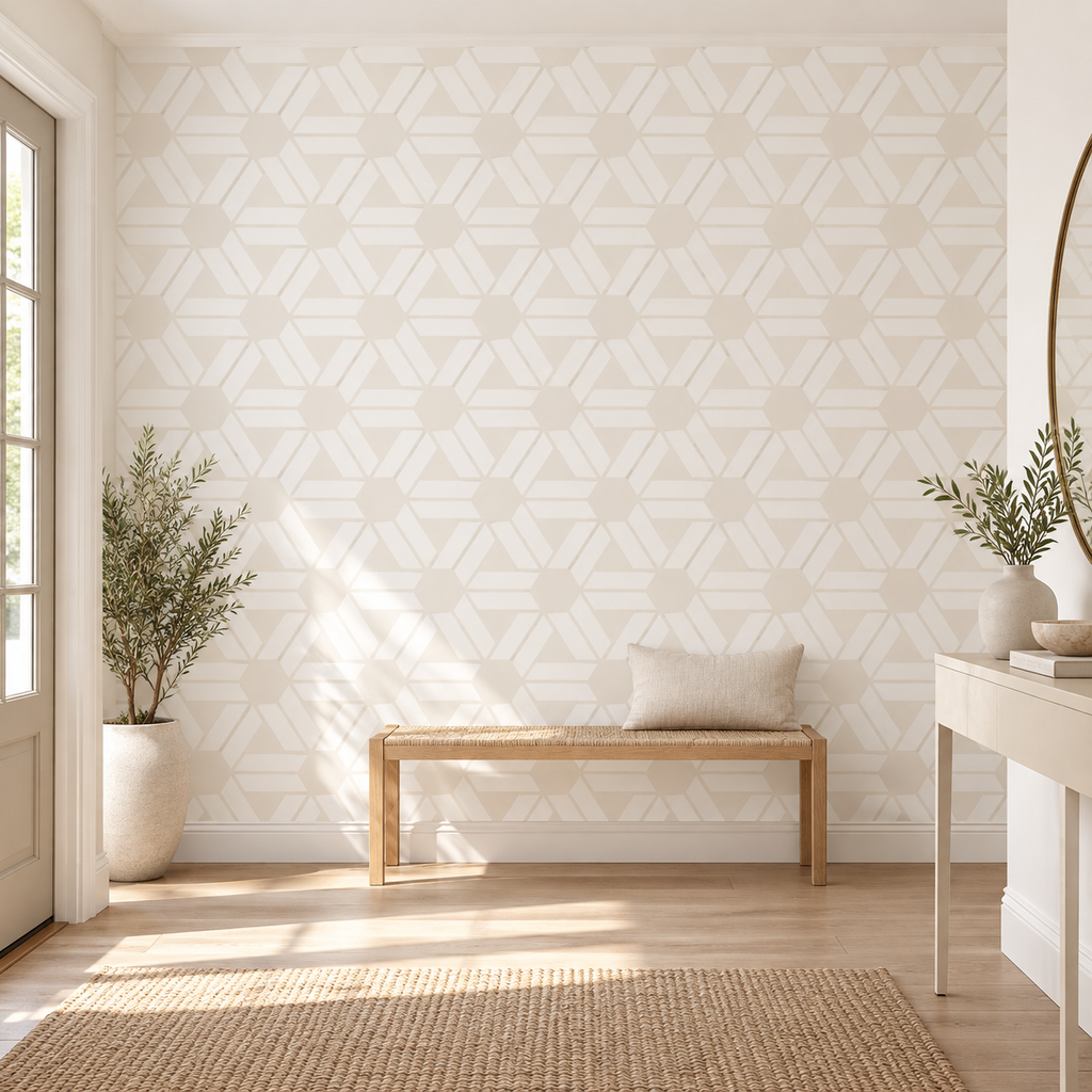 Hexa Path, peel and stick wallpaper styled on a feature wall