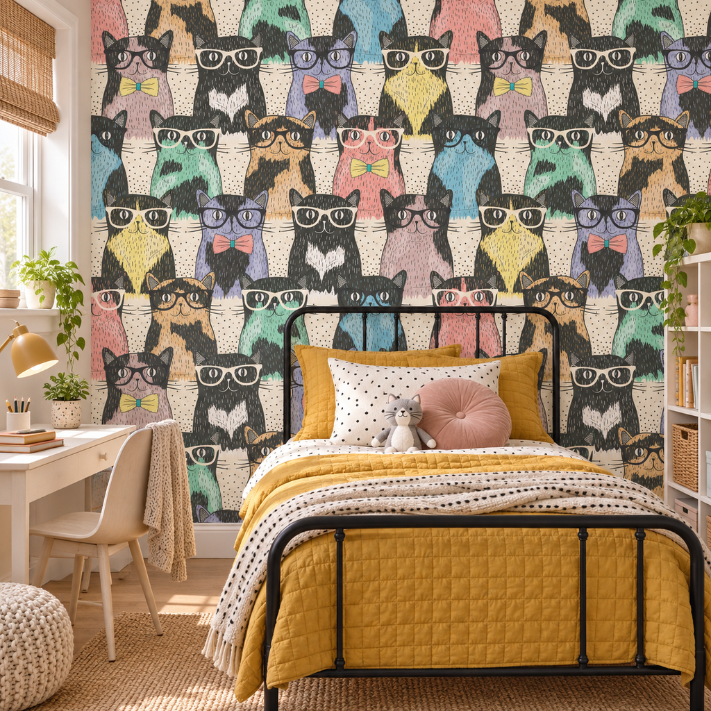 Hipster Cats peel and stick wallpaper styled on a feature wall