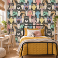 Hipster Cats peel and stick wallpaper styled on a feature wall