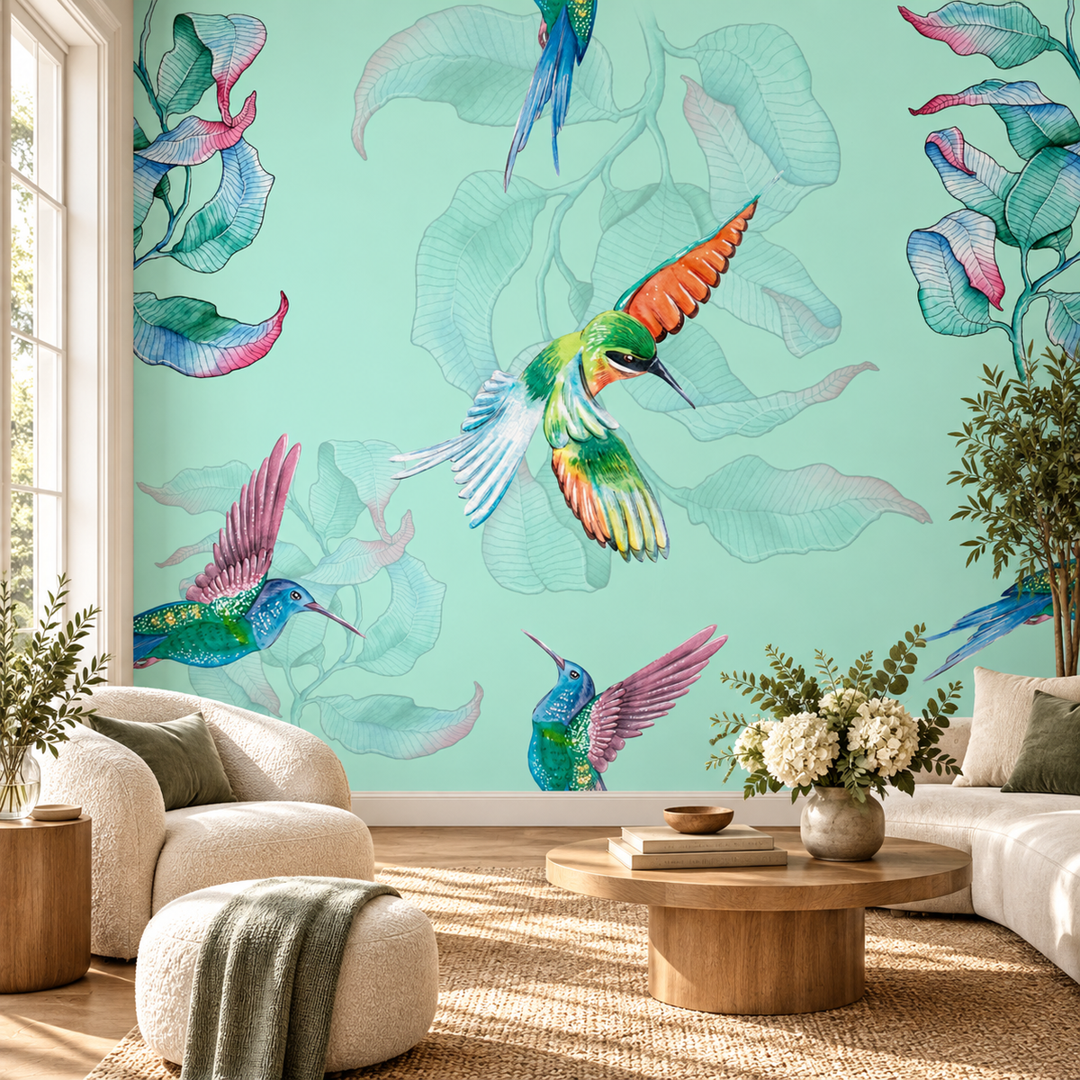 Humming Flight, peel and stick wallpaper styled on a feature wall