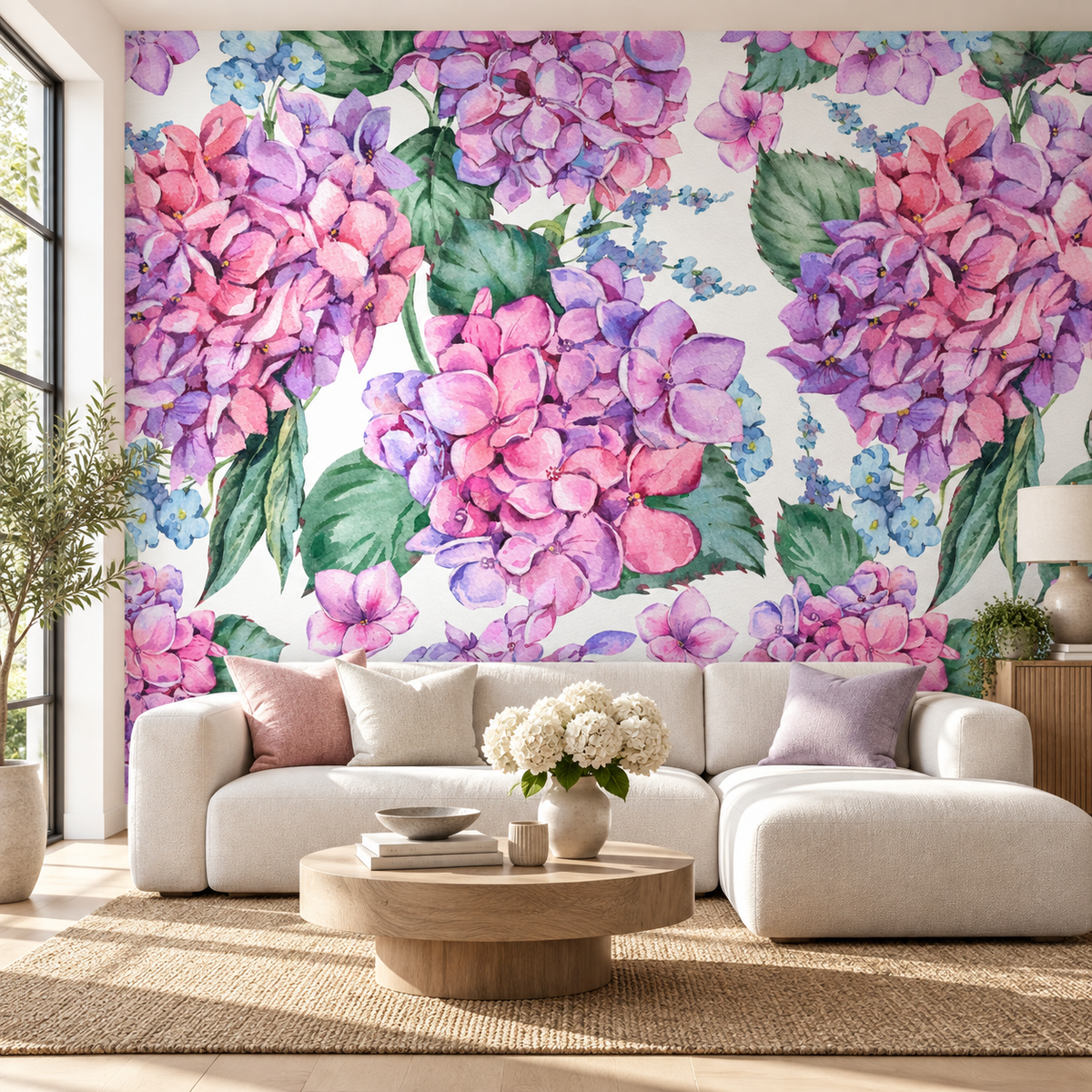Hydrangea Garden, peel and stick wallpaper styled on a feature wall