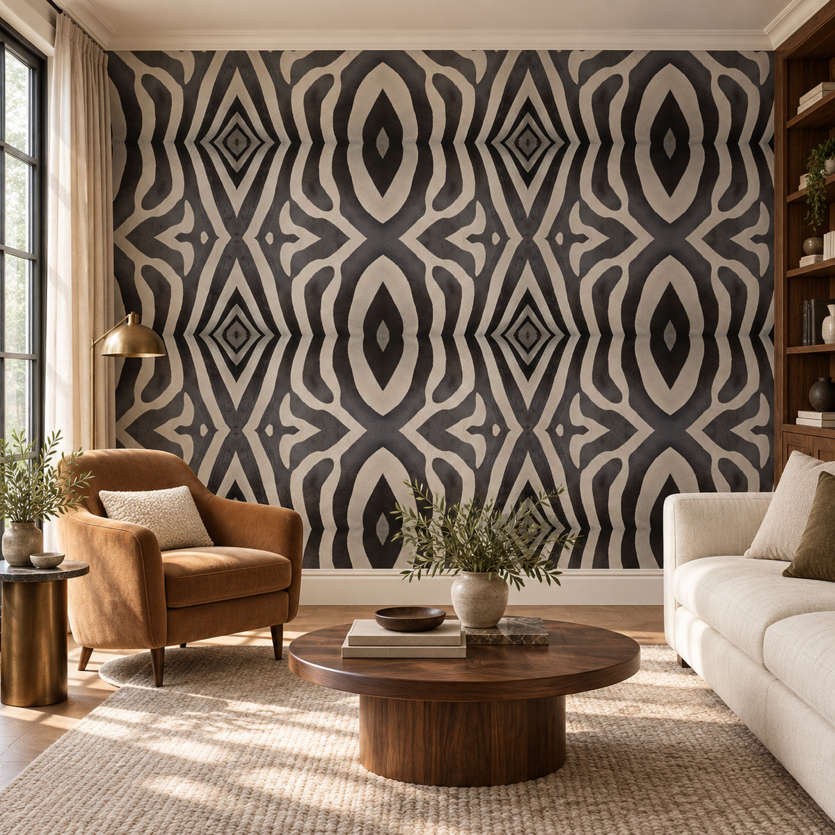 Ikat Diamond, peel and stick wallpaper styled on a feature wall