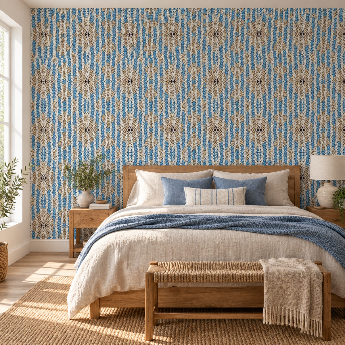 Ikat Weave, peel and stick wallpaper styled on a feature wall