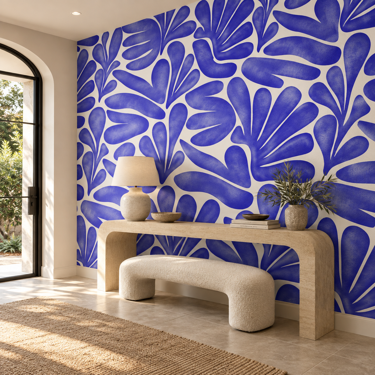 Indigo Botanica, peel and stick wallpaper styled on a feature wall