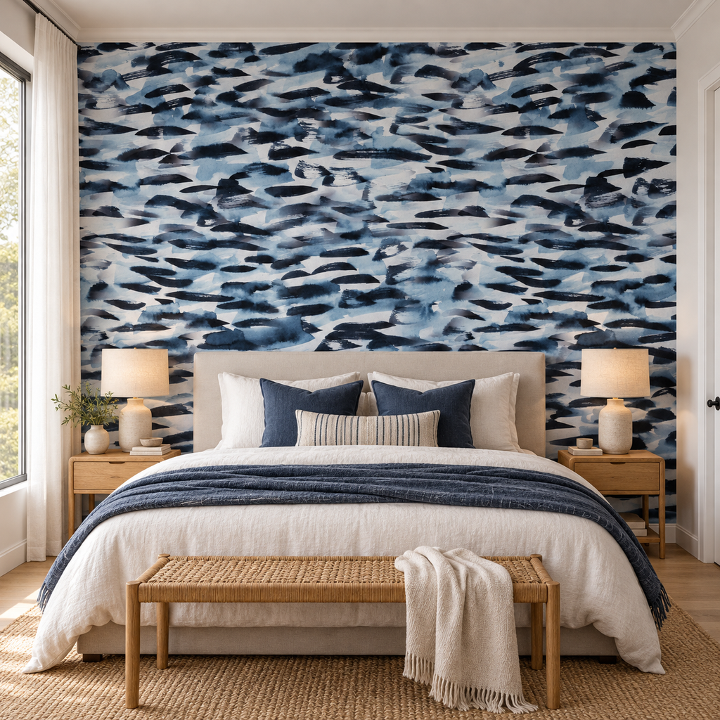 Indigo Brushstroke, peel and stick wallpaper styled on a feature wall