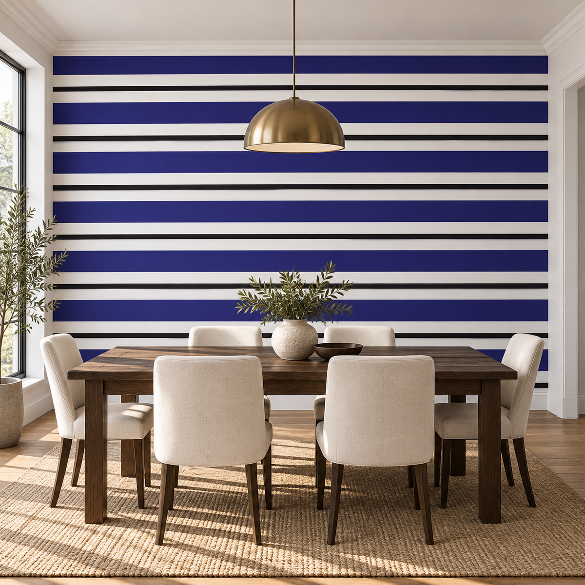 Indigo Cadence, peel and stick wallpaper styled on a feature wall
