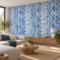 Indigo Chevron, peel and stick wallpaper styled on a feature wall