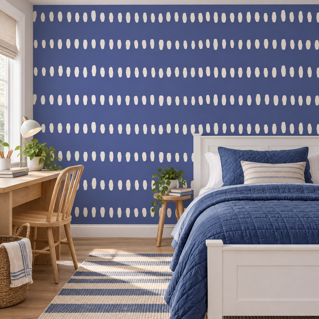 Indigo Dashes peel and stick wallpaper styled on a feature wall