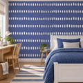 Indigo Dashes peel and stick wallpaper styled on a feature wall