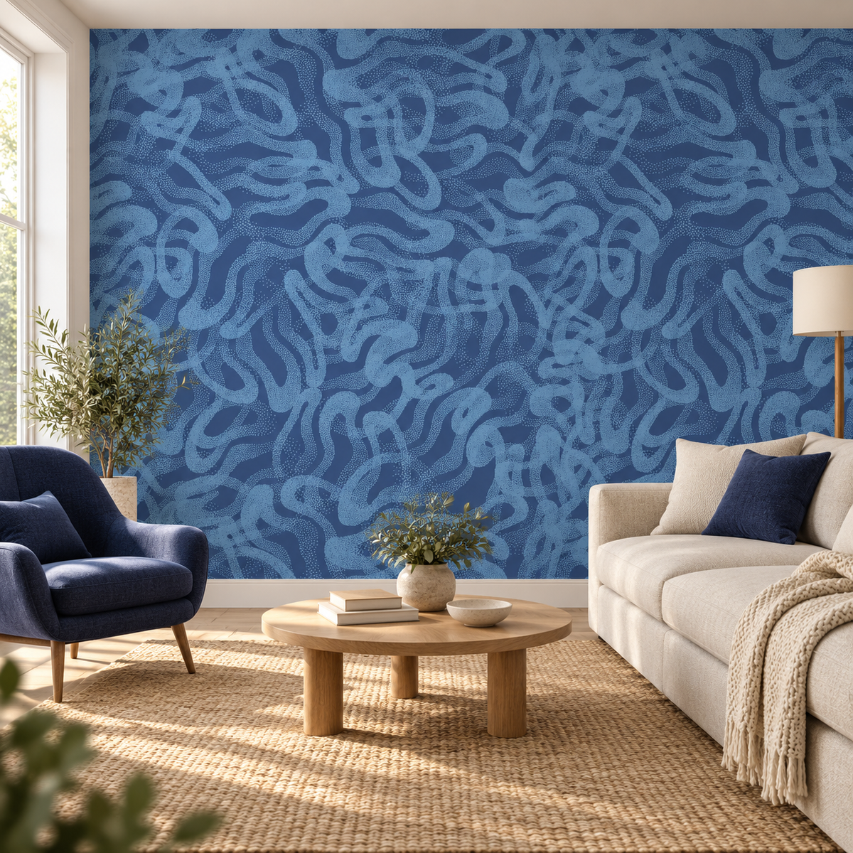 Indigo Drift, peel and stick wallpaper styled on a feature wall