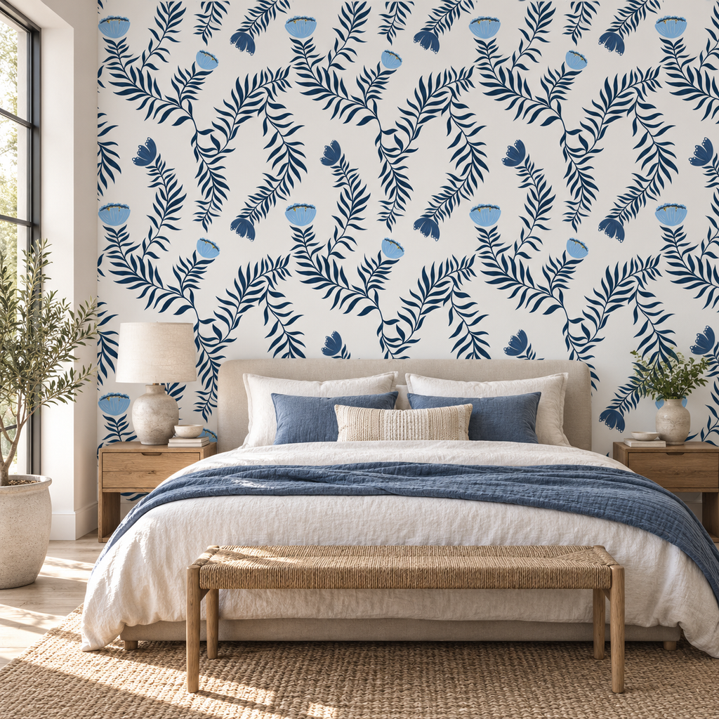 Indigo Ferns, peel and stick wallpaper styled on a feature wall