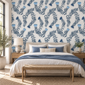 Indigo Ferns, peel and stick wallpaper styled on a feature wall