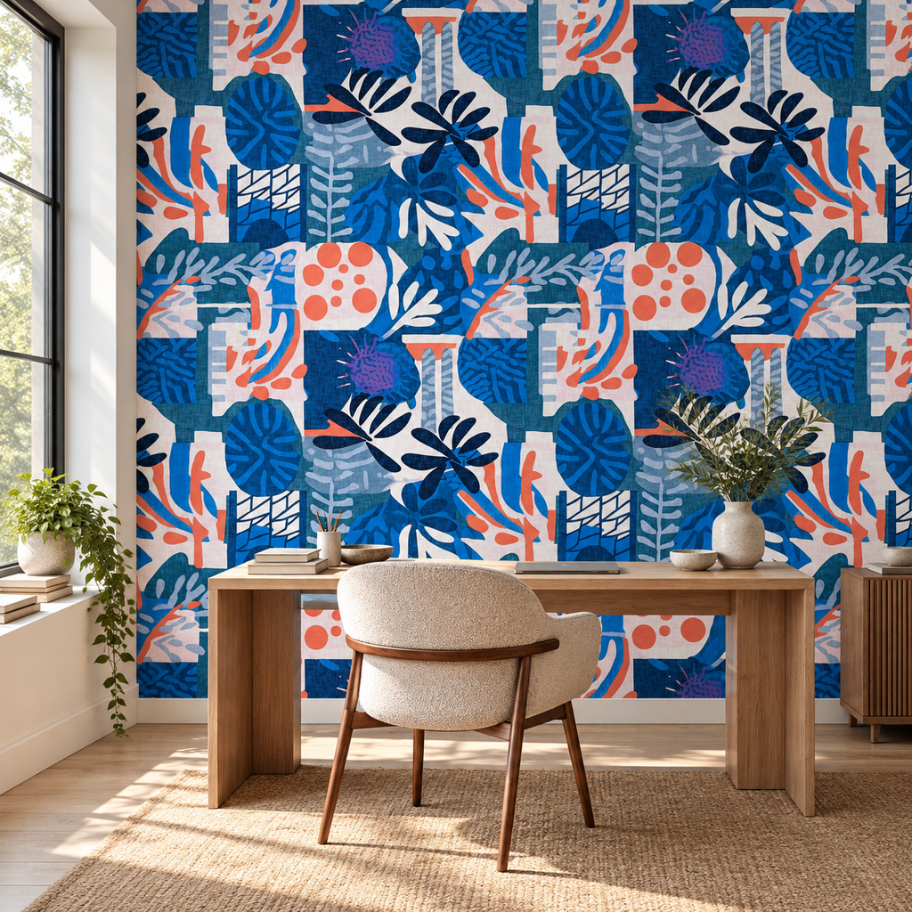 Indigo Garden, peel and stick wallpaper styled on a feature wall
