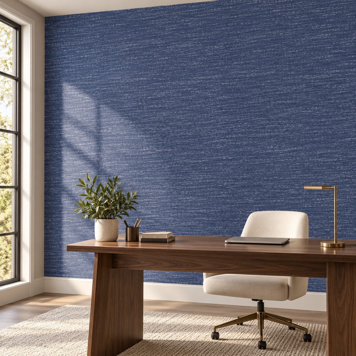 Indigo Grain, peel and stick wallpaper styled on a feature wall
