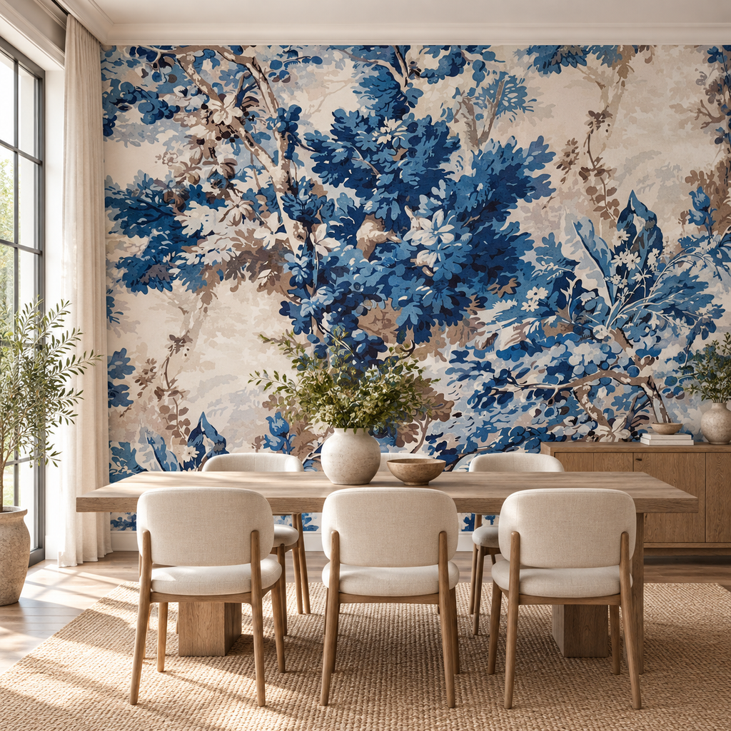Indigo Grove, peel and stick wallpaper styled on a feature wall