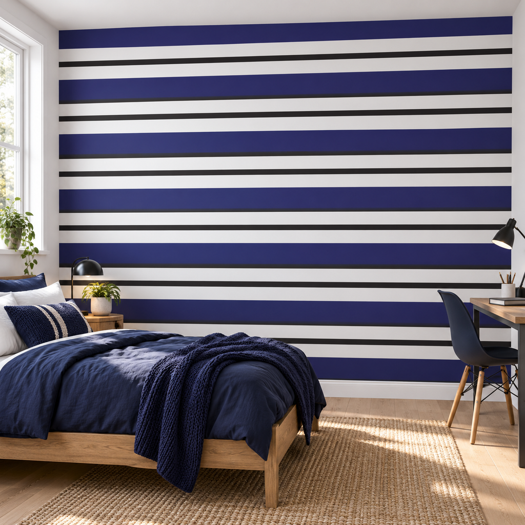 Indigo Lines, peel and stick wallpaper styled on a feature wall
