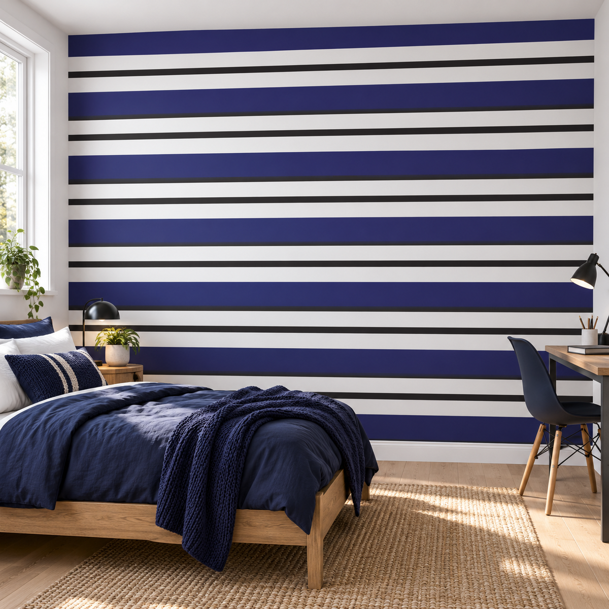 Indigo Lines, peel and stick wallpaper styled on a feature wall