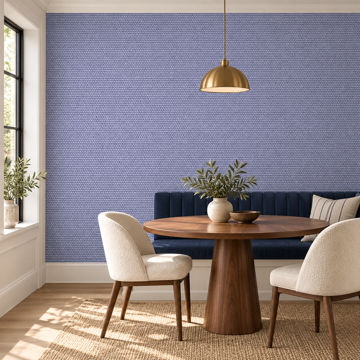Indigo Mesh, peel and stick wallpaper styled on a feature wall