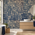 Indigo Mosaic, peel and stick wallpaper styled on a feature wall