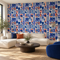 Indigo Shapes, peel and stick wallpaper styled on a feature wall