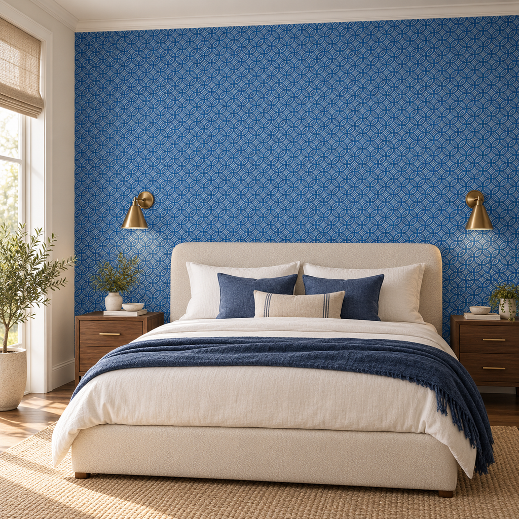 Indigo Ovals, peel and stick wallpaper styled on a feature wall