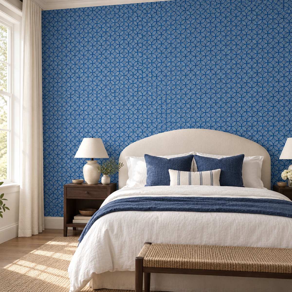 Indigo Petals, peel and stick wallpaper styled on a feature wall